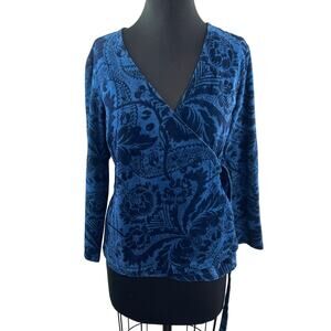 Marimekko Mika Piirainen Blue Top Floral Wrap Tie Waist Plunge Neck Sz Medium M